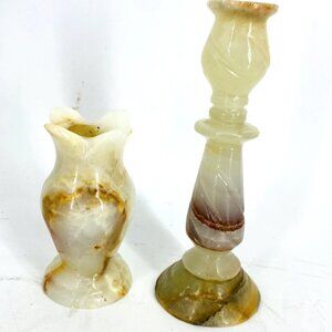 Vintage MCM Genuine Alabaster Solid Stone Candle Holders Lot Of 2 Carved Egypt